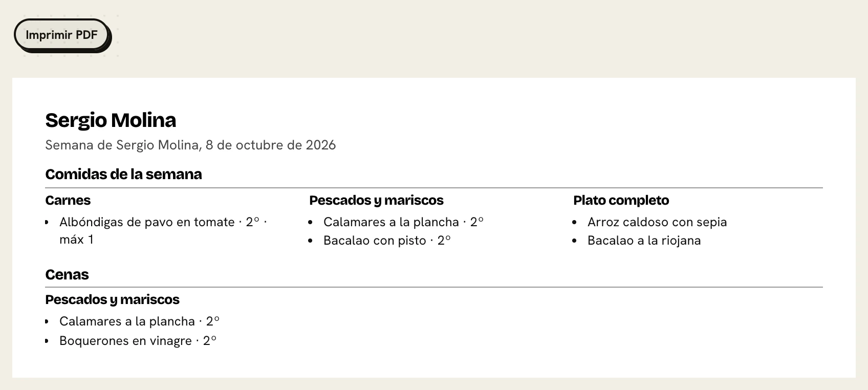 Botón «Imprimir PDF» y la hoja resultante con las comidas y cenas de la semana de un cliente.